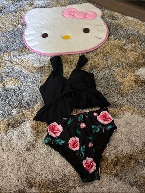 Black Floral High-Waist Peplum Tankini Bikini